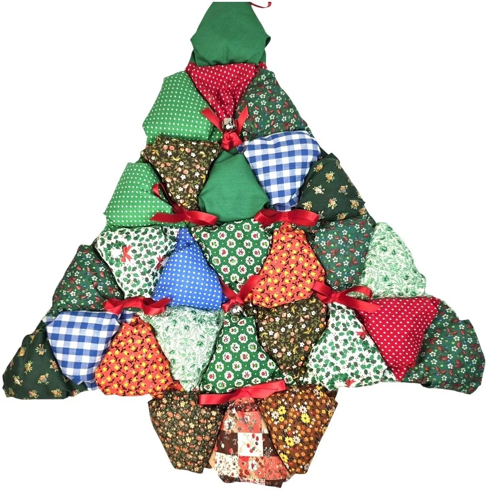 Vintage Handmade Puff Patchwork Christmas Tree Wall Hanging Decor 20 in